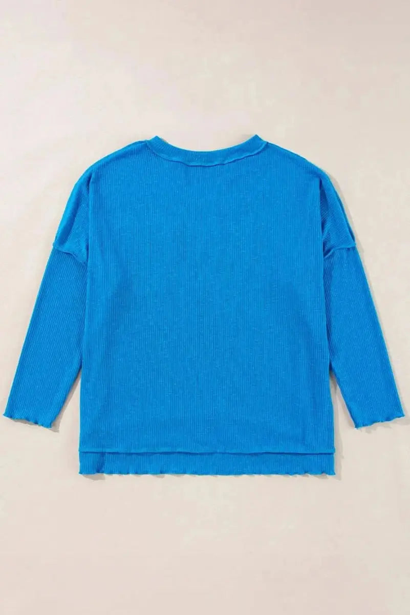 Exposed Seam Notched Long Sleeve Blouse - Love Salve